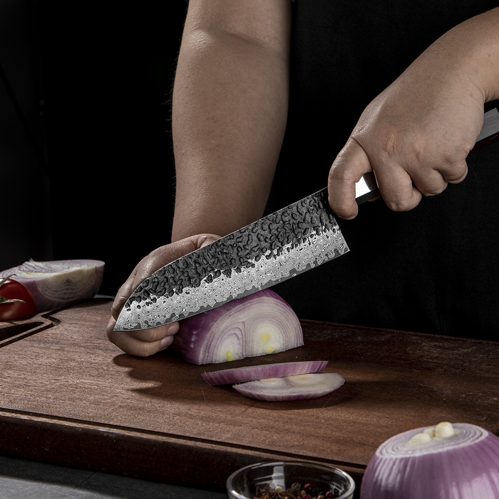 Damaškový kuchynský nôž YU-37437 - Santoku/Hnedá