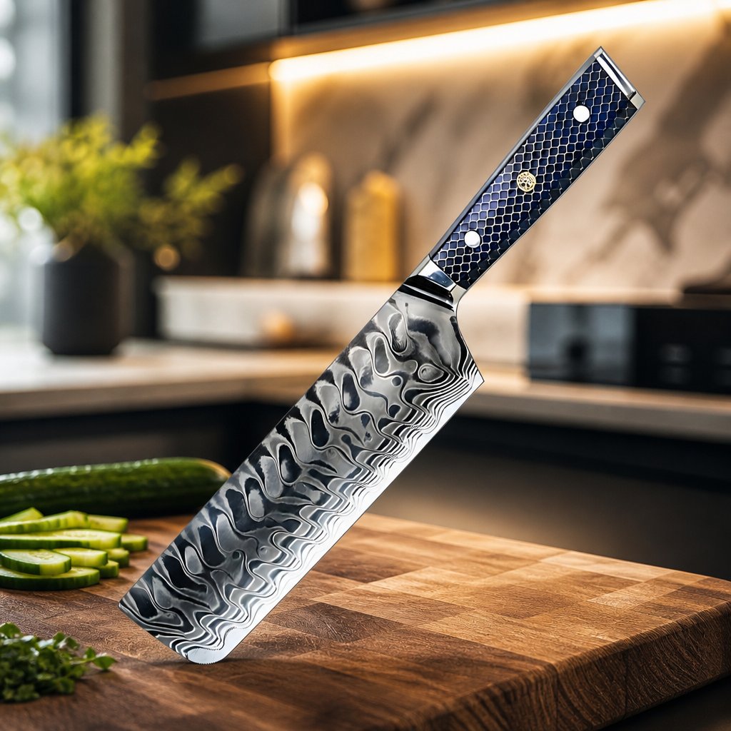 Damaškový kuchynský nôž YU-37417 - Nakiri/Modrá